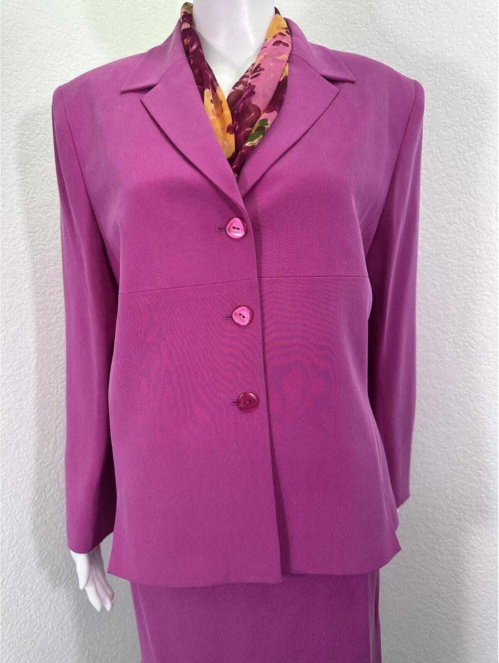 Sz 16P Kasper ASL Fuschia Pink Silk Suit Blazer Pencil Skirt Business - Picture 2 of 9